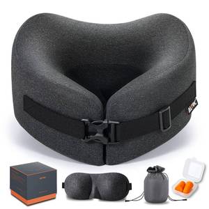 lot 29049 image: MLVOC Travel Pillow Memory Foam Neck Pillow, Adjustable Comfort Breathable Cover, Airplane Travel Set with 3D Sleep mask, Earplugs Box, for Airplane, Car, Office, Home (Full Black)