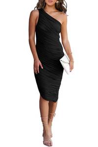 lot 29644 image: PRETTYGARDEN Womens Ruched Bodycon Dress 2024 Summer One Shoulder Sleeveless Party Cocktail Pencil Dresses (Black,Medium)