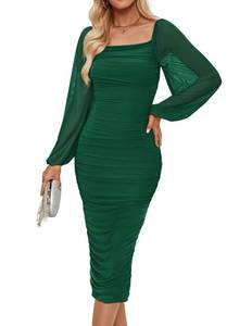 lot 29653 image: ZESICA Womens 2024 Sexy Ruched Bodycon Midi Dress Long Puff Sleeve Square Neck Backless Cocktail Party Wedding Dresses,DarkGreen,Large