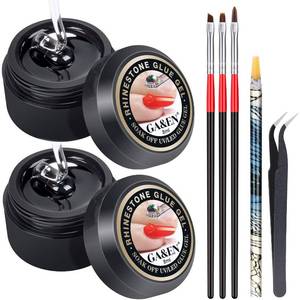 lot 29658 image: Nail Art 8ml WIPE OFF Rhinestone Glue Gel Adhesive2pcs for Gem Stones Jewelry Diamond Beads (LED Lamp Cure Needed)  LED Glue Brush Tools3pcs  Pickup Pencil1pc  Tweezer1pc