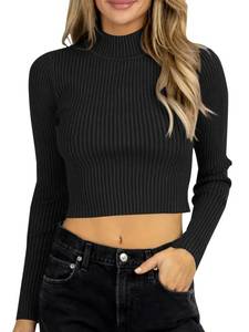 lot 29660 image: Langwyqu Sexy Crop Top Sweaters for Women Long Sleeve Mock Neck Ribbed Knit Cozy Fitted Pullover Cropped Sweater Black
