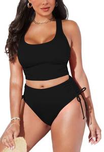 lot 29669 image: Pink Queen Womens Scoop Neck Racerback Ruched Crop Top High Waisted Bikini Sets 2 Piece Swimsuit Bathing Suit Black M