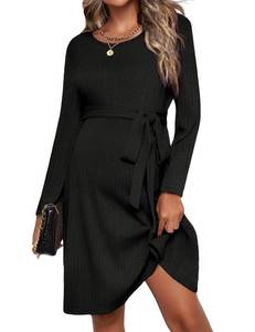 lot 29670 image: Ekouaer Womens Maternity Dress Rib Knit Long Sleeve Pregnancy Dresses Crewneck Pregnant Clothes with Belt Black L