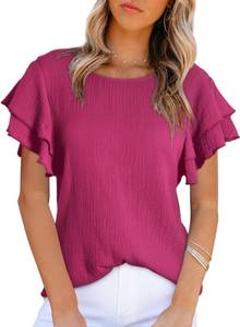 lot 29674 image: Dokotoo Womens Summer Tops 2024 Crewneck Ruffle Short Sleeve Shirts for Women Casual Solid Loose Cute Cotton Babydoll Blouses Tunic Tops 2X Large Rose