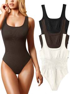 lot 29677 image: OQQ Womens 3 Piece Bodysuits Sexy Ribbed Sleeveless Square Neck Sleeveless Tank Tops Bodysuits Black Darkbrown Beige m