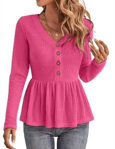 lot 29703 image: Meetrendi Womens Fall Peplum Tops V Neck Long Sleeve Waffle Knit Ruffle Hem Tunic Shirts Fall Winter 2023 Black XLarge