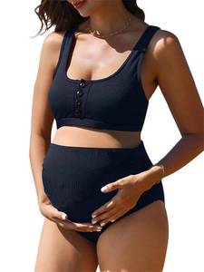 lot 29707 image: Summer Mae Maternity Ribbed High Waist Swimsuit Crop Top Bikini Bathing Suit High Cut Two Piece Pregnancy Swimwear Navy Medium