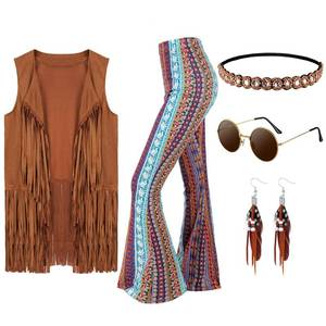lot 29717 image: Leumoi 5 Pcs 60s 70s Costume for Women Disco Outfits Hippie Accessories Fringe Vest Boho Flared Pants Set for Halloween (Retro,Medium)