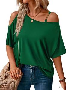 lot 29721 image: LEIYEE Summer Green Cold Open Shoulder Tops for Women Sexy Casual Short Sleeve 2024 Trendy Loose Fit T Shirts Blouse M