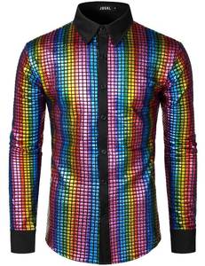 lot 29722 image: JOGAL Mens 70s Costume Rainbow Sequins Disco Party Dress Long Sleeve Button Down Shirts Small Multicolour s