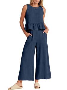 lot 29723 image: ANRABESS Women Summer 2 Piece Outfits Sleeveless Tank Crop Top Wide Leg Pants Linen Jumpsuits Lounge Matching Beach Sets Navy Blue Large