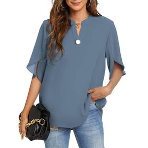 lot 29724 image: Funlingo Womens Blouses Short Sleeve Summer Tops Casual V Neck Chiffon Shirts Dressy 2024 Trendy Flowy Blouse Blue Grey Plus Size XXL