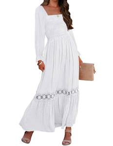 lot 29726 image: ZESICA Womens 2024 Boho Long Sleeve Square Neck Smocked High Waist Flowy A Line Lace Trim Maxi Dress White s