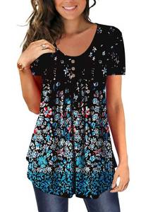 lot 29727 image: BeadChica Womens Tunic Tops For Leggings Short Sleeve Shirts Botton Up Casual Ruched Blouses Clothing Floral 3XL Black Blue