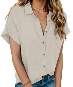 lot 29732 image: HOTOUCH Cotton Linen Tops Button Down Shirt Women Short Sleeve Shirts Button Up Blouses Business Casual Tunic Tops Khaki s
