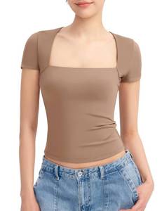 lot 29734 image: PUMIEY Short Sleeve T Shirts for Women Square Neck Slim Fit Basic Tee Sexy Y2k Crop Tops, Taffy Large