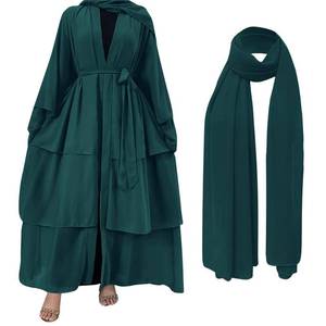 lot 29735 image: Abayas for Women Muslim Dubai Dress Loose Fit Long Cardigan Islamic Kaftan Robe Hijab Scarf Outfits #A Dark Green S