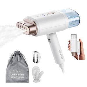 lot 29745 image: Newbealer Dual Voltage Garment Steamer   120V220V Handheld Steamer for Clothes, 1200W Horizontal & Vertical Steaming, 20s Heat up, Foldable, 1.72lbs, 180ml Garment Wrinkle Remover (Gold)