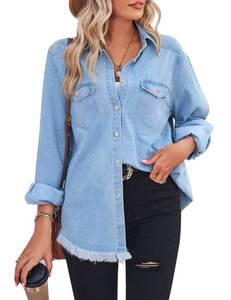 lot 29750 image: Zilcremo Women Denim Shirt Chambray Collared Jean Shirts Long Sleeve Pocket Button Down Blouses Blue XL