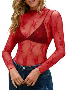 lot 29760 image: MEROKEETY 2024 Womens Mesh Sheer Long Sleeve Layering Top Sexy Y2k Mock Neck Floral Lace See Through Shirt Blouses Red Medium