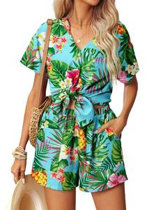 lot 29766 image: Ekouaer Womens Hawaiian 2 Piece Outfit Short Sleeve Button Down Shirt and Shorts Tracksuit Lounge Set XL