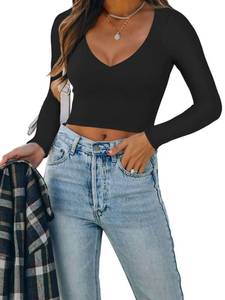 lot 29776 image: REORIA Womens Fall Sexy Casual V Neck Long Sleeve Double Lined Fitted Going Out Basic Cute Y2k Trendy T Shirts Crop Tops Tees Black Large