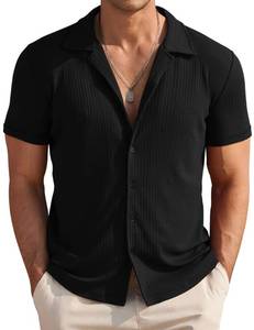 lot 29778 image: COOFANDY Mens Short Sleeve Button Down Shirt Knit Polo Shirt Casual Beach Button Up Shirts Untuck Black L