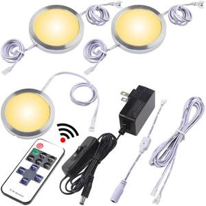 lot 29780 image: Lvyinyin Book Case Lights, Mini Under Shelf Cabinet Puck Lihgting, 120V Wall Plugged in Adapter, Wireless Dimmable LED RF Remote Controller, Linkable White Cables, Warm White 2700K, 3 Lights