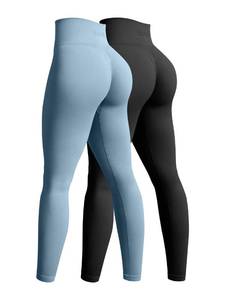 lot 29790 image: OQQ Womens 2 Piece Yoga Legging Seamless Workout High Waist Butt Liftings Athletic Leggings Black Haze Blue L