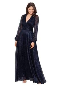 lot 29796 image: Betsy & Adam Womens Metallic Long Sleeve V Neck Wrap Gown, NavyRoyal size 4