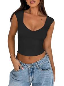 lot 29803 image: REORIA Womens Summer Sexy Casual V Neck Double Lined Seamless Sleeveless Slimming Going Out Trendy Basic Crop Tank Top Tees Black Large