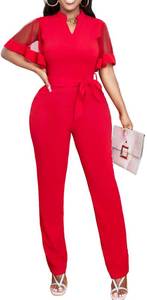 lot 29809 image: Yiershu Jumpsuit For Women Casual V Neck Sheer Ruffle Sleeve Jumpsuits Elegant Stand Collar Button Down Long Pants Rompers Straight Club Outfits With Pockets Belt