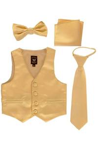 lot 29955 image: Little Gents 738 Boys 4 Piece Formal Satin Vest for Tuxedos wZipper Tie Bowtie & Hanky (Gold, 5)