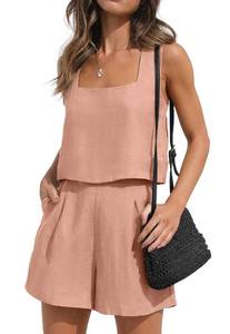 lot 29958 image: ZESICA Womens 2024 2 Piece Set Linen Tank Crop Tops and Shorts Summer Two Piece Outfits Pajamas,Pink,Large