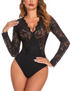 lot 29968 image: Avidlove Plus Size Womens Long Sleeve Black Bodysuit V Neck Lace Body Suits Going Out Tops Snap Crotch One Piece Teddy Lingerie S