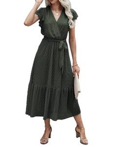 lot 29970 image: BTFBM Women Summer Bohemian Floral Casual Wrap V Neck Ruffle Cap Sleeveless Belt A Line Pleated Hem Swing Midi Sun Dress (Swiss Dot Army Green, Medium)