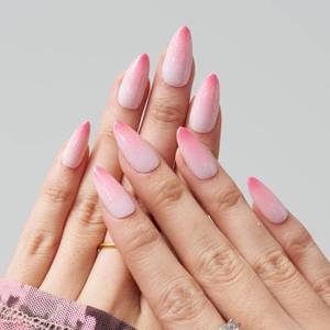 lot 29977 image: GLAMERMAID Press on Nails Medium Almond, Spring Summer Glitter Light Pink Ombre French Tip Glue on Gel Nail, 24Pcs Short Stiletto Acrylic False Nails Kit UV Finish Full Cover Stick on Nail for Women