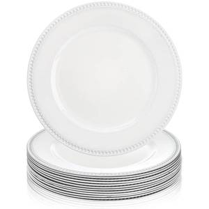lot 29982 image: Okllen 12 Pack Plastic Round Charger Plates, 13 Dinner Chargers Decorative Plates with Beaded Rim, Embossed Charger Serving Plates for Wedding, Catering Event, Tabletop Decor, White