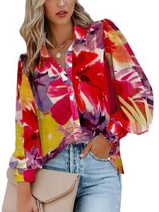 lot 29988 image: Zeagoo Womens Shirts Long Sleeve Red Flower Print Blouse for Woman Button up Tops 2024 Fashion Medium