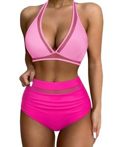 lot 29989 image: SUUKSESS Women Sexy High Waisted Bikini Sets Mesh Tummy Control Two Piece Swimsuits Halter Push Up Bathing Suits(Pink Color Block,M)