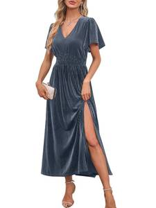 lot 30011 image: MEROKEETY Womens Sexy Deep V Neck Short Sleeve Velvet Ribbed Maxi Dress Side Slit Cocktail Party Dresses DarkGreen M