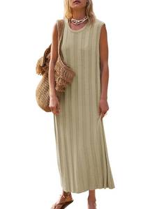 lot 30012 image: Fisoew Womens Summer Sleeveless Maxi Dress Scoop Neck Ribbed Knit Tank Top Dresses Khaki, Medium