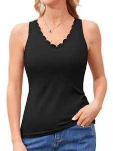 lot 30019 image: V FOR CITY Black Tank Tops for Women Built in Bras Scallop Trim V Neck Adjustable Strap Camisole Top Basic Yoga ShirtNO SIZE VISIBLE