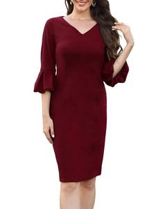 lot 30020 image: Womens Vintage Elegant Puff Half Sleeve Knee Length 1950s V Neck Casual Work Dress Bodycon Pencil Cocktail Party Dresses 753 Burgundy L