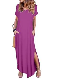 lot 30021 image: Arolina Womens Summer Maxi Dress Short Sleeve V Neck Casual Loose Long Beach Split Dresses with Pockets Purple Red L