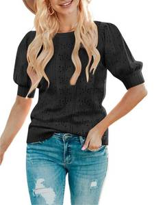 lot 30022 image: MEROKEETY Womens 2024 Fall Puff Short Sleeve Sweater Tops Pointelle Lightweight Pullover Shirts Black XL