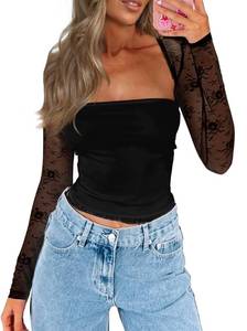 lot 30023 image: CSDAJIO Womens Going Out Tops Lace Long Sleeve Square Neck Crop Top Shirt Strapless Tube Top and Bolero Set Lace Black Small