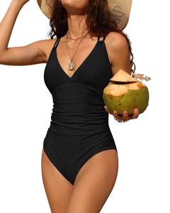 lot 30029 image: Charmo Tummy Control One Piece Swimsuits for Women Ruched Bathing Suits Criss Cross Strappy Monokini Black Large