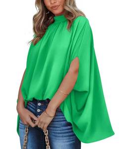 lot 30040 image: BTFBM Women Mock Neck Summer Tops 2024 Spring Batwing Short Sleeve Loose High Low Hem Casual Oversized Blouses Shirts(Solid Grass Green, X Large)