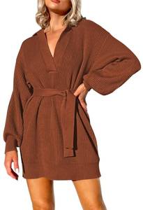 lot 30042 image: Womens Oversized Mini Sweater Dress with Belt Collared V Neck Ribbed Knit Lantern Sleeve Pullover Jumpers Tunic Tops Brown S